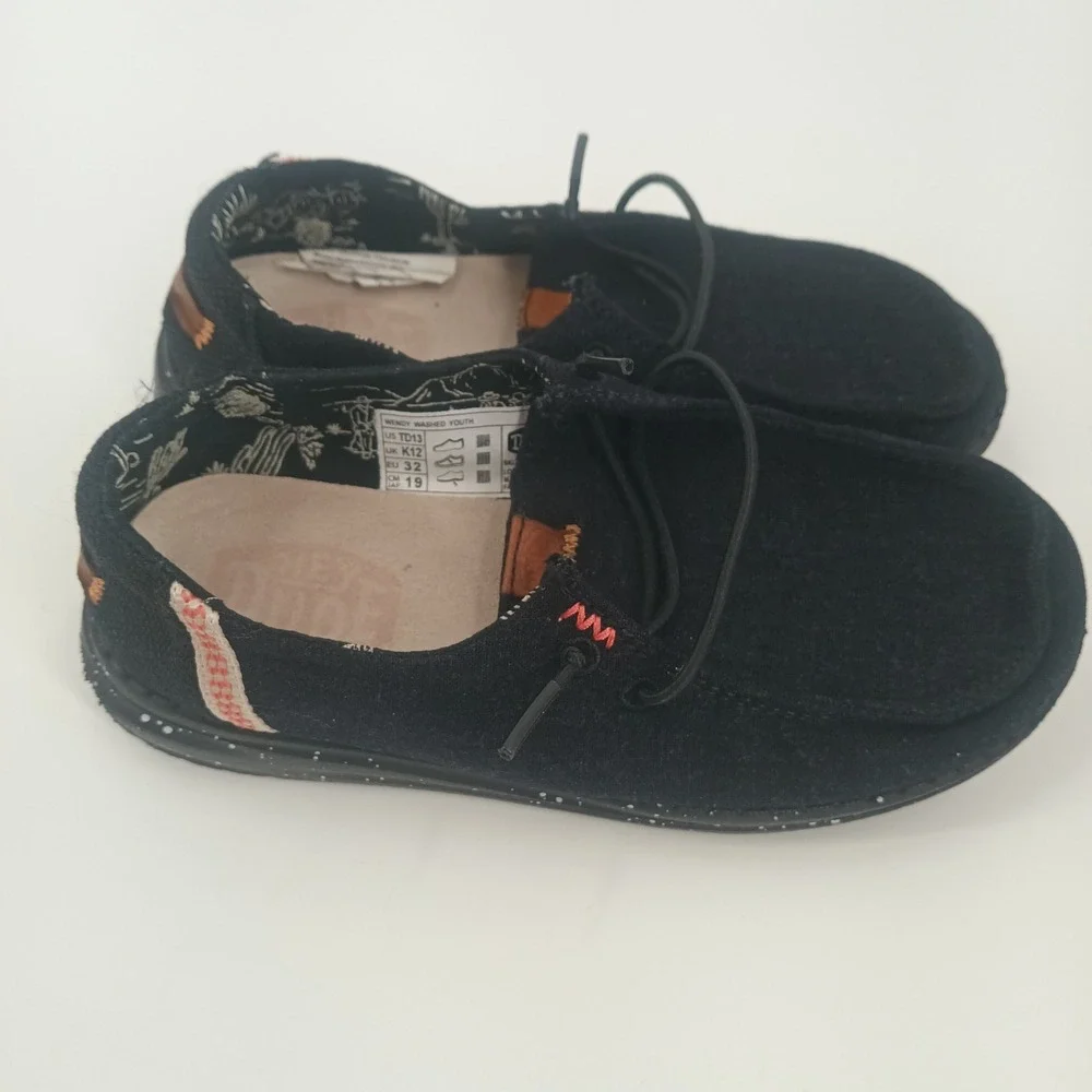 Hey Dude Wendy Washed Youth Black Canvas Slip On Loafers Shoes Size 13 Toddler